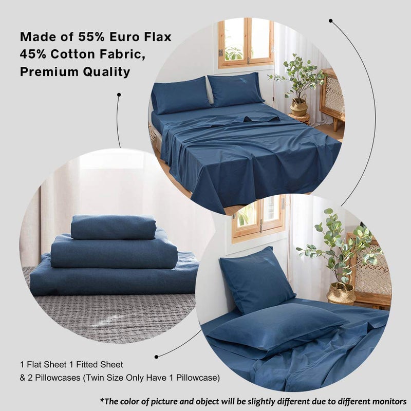 Simple&Opulence Belgian Linen Sheet Set Solid Color - 4 Pieces (1 Flat Sheet, 1 Fitted Sheet & 2 Pillowcases) Natural Flax Cotton Blend Soft Breathable Farmhouse Bedding - King Size, Classic Blue - Image 4